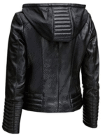 Women Black Biker Hooded Leather Jacket - Image 2