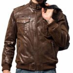 Stunningly stylish Aviator leather jacket in dark brown colour. The jacket has a mix of biker and Aviator feel to it. Skilfully crafted by our expert leather jacket makers in a fine finished top end leather.  Genuine Leather Satin Lining Zip fastening Two pockets inner Original YKK zips Fashion jacket