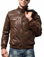 Stunningly stylish Aviator leather jacket in dark brown colour. The jacket has a mix of biker and Aviator feel to it. Skilfully crafted by our expert leather jacket makers in a fine finished top end leather.  Genuine Leather Satin Lining Zip fastening Two pockets inner Original YKK zips Fashion jacket
