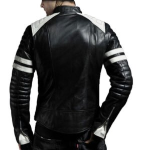 Men’s Leather Biker Jacket White Stripes On Sleeves - Image 2