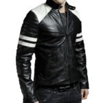 Men’s Leather Biker Jacket White Stripes On Sleeves