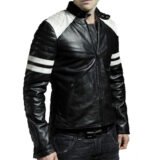 Men’s Leather Biker Jacket White Stripes On Sleeves