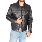Men’s Black Leather Biker Cafe Racer Jacket