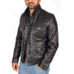 Men’s Black Leather Biker Cafe Racer Jacket - Image 2