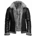 Black Shearling Leather Jacket With Fur Collar