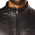 Black Leather Round Collar Jacket Men - Image 3