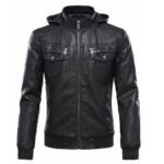 Men's Leather Bomber Jacket With Removable Hood