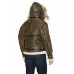 Men’s Brown Leather Bomber Jacket With Hood - Image 4