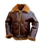 Brown Leather Bomber Single Belted Jacket