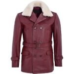 Men’s Fur Collar Dark Red Leather Coat