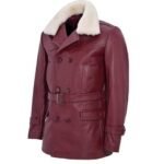 Men’s Fur Collar Dark Red Leather Coat - Image 3