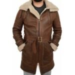 Long Brown Fur Trench Coat In Leather