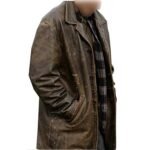 Distressed Brown Leather Trench Coat - Image 3