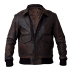 Brown Leather Distressed Bomber Jacket