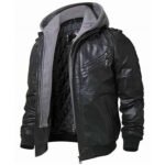 Black Biker Leather Jacket With Removable Hood - Image 2