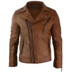 Men Brown Genuine Leather Biker Jacket