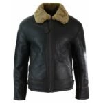 Green Fur Collar Aviator Jacket In Black Leather