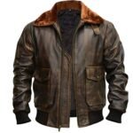Fur Collar Distressed Brown Leather Jacket