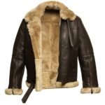 Brown Aviator Shearling Leather Belted Jacket