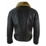 Green Fur Collar Aviator Jacket In Black Leather - Image 3