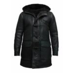 Men’s Leather Duffle Coat Fur Hood In Black