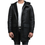 Men’s Leather Duffle Coat Fur Hood In Black - Image 3
