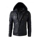 Men’s Hooded Leather Jacket In Black For Biker