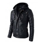 Men’s Hooded Leather Jacket In Black For Biker - Image 2