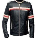 Cafe Racer Biker Style Black Jacket With Beige And Red Stripe Jacket