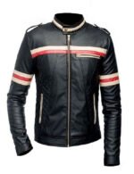 Cafe Racer Biker Style Black Jacket With Beige And Red Stripe Jacket