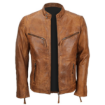 Quilted Men’s Biker Tan Leather Jacket