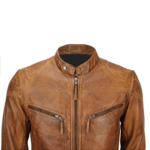 Quilted Men’s Biker Tan Leather Jacket - Image 3