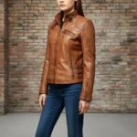 Women's Leather Biker Jacket Brown