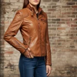Women's Leather Biker Jacket Brown