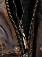 Distressed Cafe Racer Biker Jacket In Brown Leather - Image 3