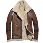 Men's Brown Bomber Fur Shearling Jacket In Leather