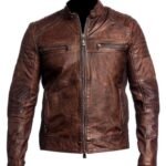 Men’s Distressed Cafe Racer Leather Jacket Brown