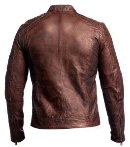 Men’s Distressed Cafe Racer Leather Jacket Brown - Image 2