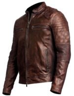 Men’s Distressed Cafe Racer Leather Jacket Brown - Image 3