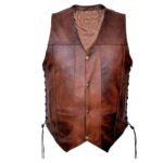 Open Collar Brown Leather Vest Men's
