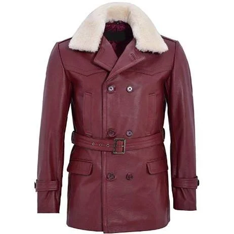 Men’s Fur Collar Dark Red Leather Coat