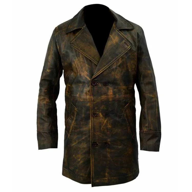 Genuine Leather Distressed Brown Long Coat
