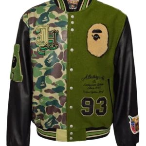 Jeff Hamilton Camo Wool and Leather Bomber Varsity Jacket