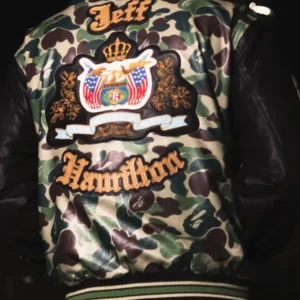 Jeff Hamilton Camo Wool and Leather Bomber Varsity Jacket