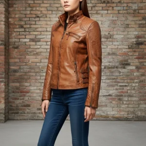 Women's Leather Biker Jacket Brown