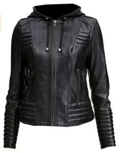 Women Black Biker Hooded Leather Jacket