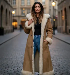 Women’s Brown Shearling Suede Trench Coat