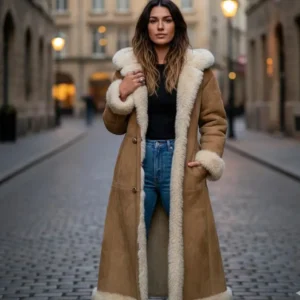 Women's Brown Shearling Suede Leather Trench Coat