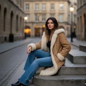 Women's Brown Shearling Suede Leather Trench Coat