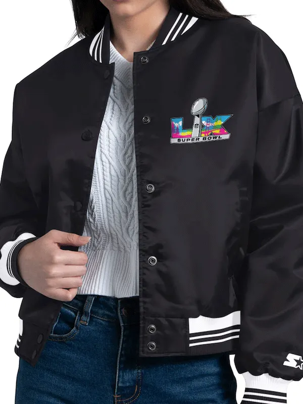 Super Bowl LX 2026 Starter Black Cropped Varsity Jacket Super Bowl LX 2026 Starter Black Cropped Varsity Jacket